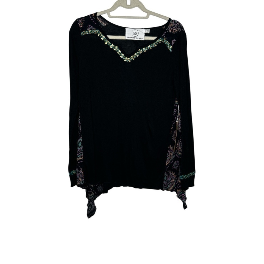 Sloane Rouge Boho Black Embellished Handkerchief Hem Top Size Small NWT